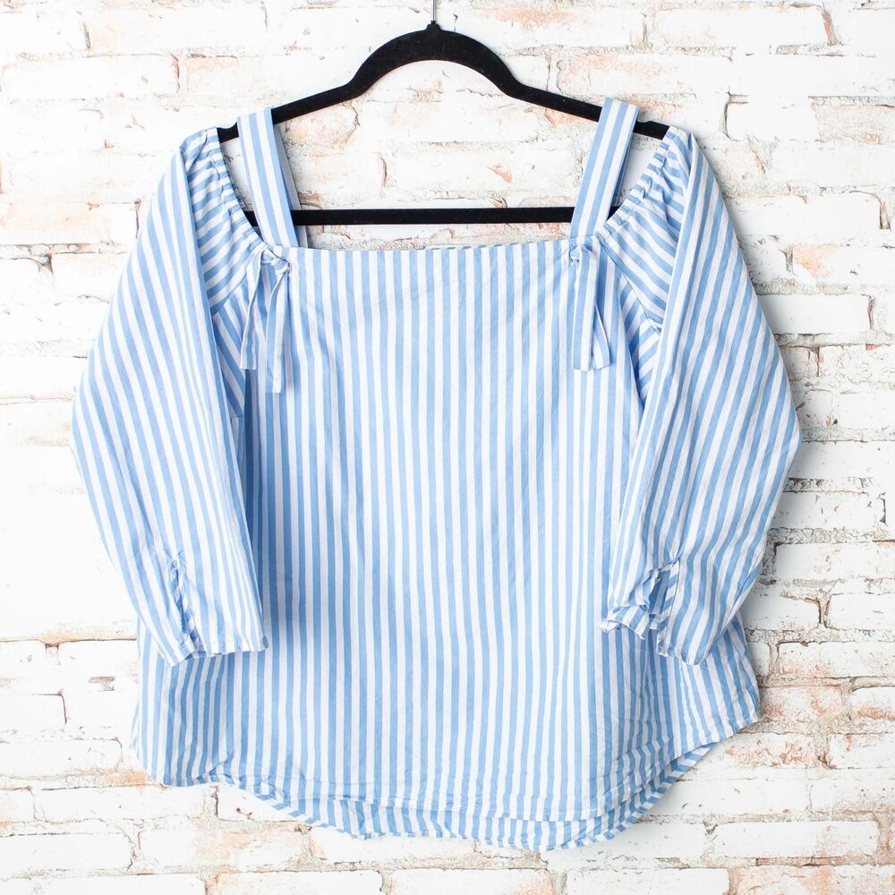 Crown & Ivy Women’s Small Blue White Stripe Square Neck Puff Sleeve Cotton Top
